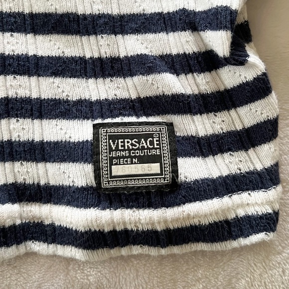 Vintage 90s Versace Jeans Couture Blue And White Striped Cotton Knit Crop Top - Picture 3 of 11
